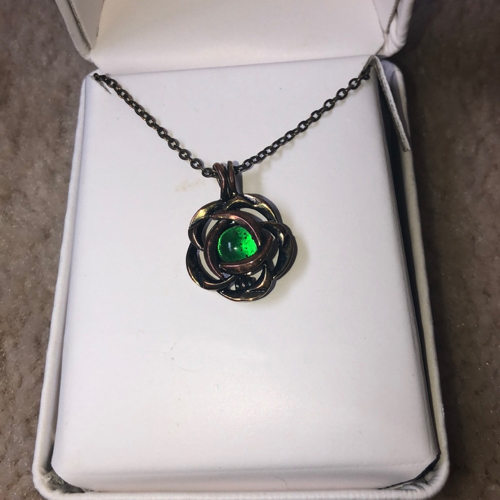 Bronze Necklace; pendant with green stone